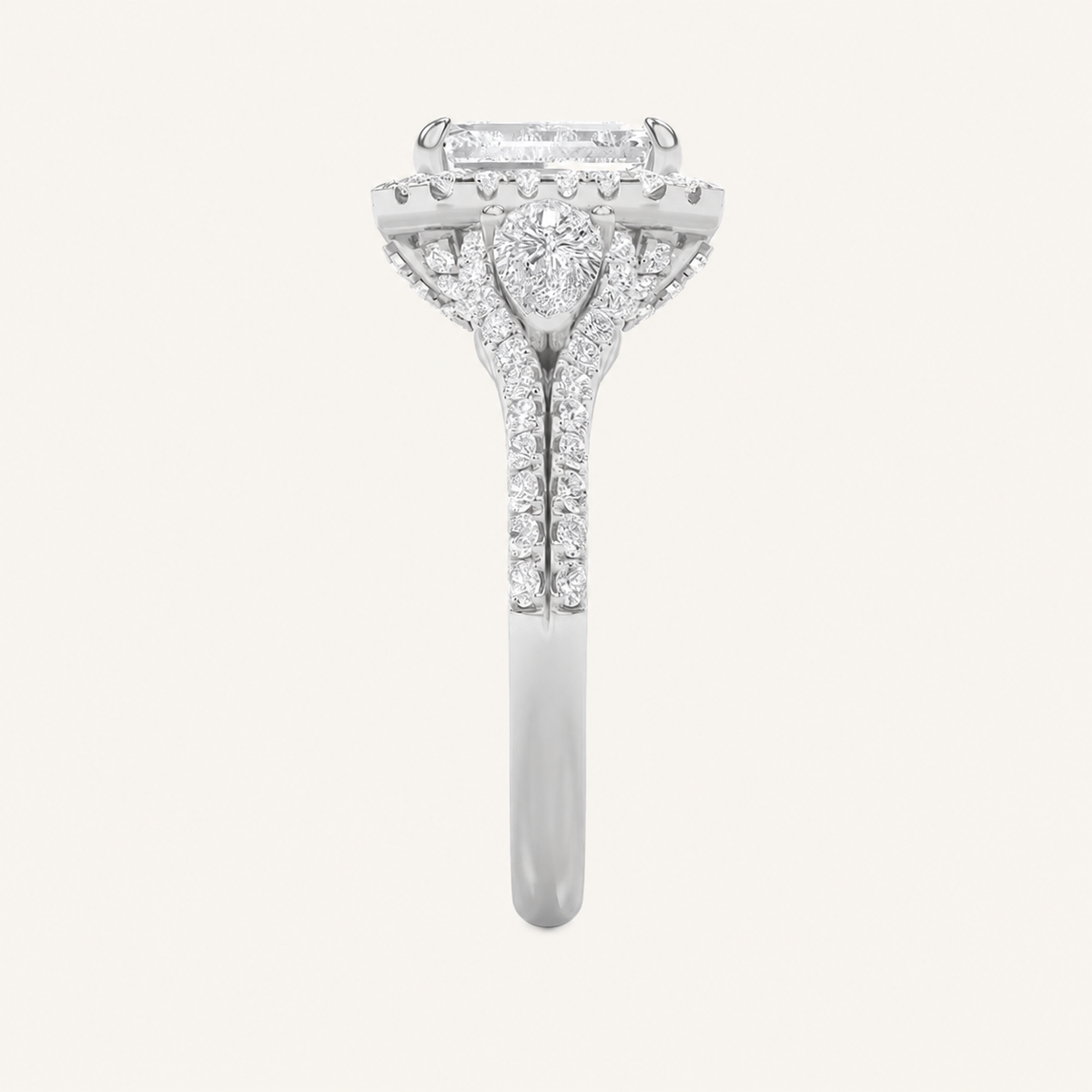 3CT Emerald Cut Lab Grown Diamond Three Stone Bold Halo Ring