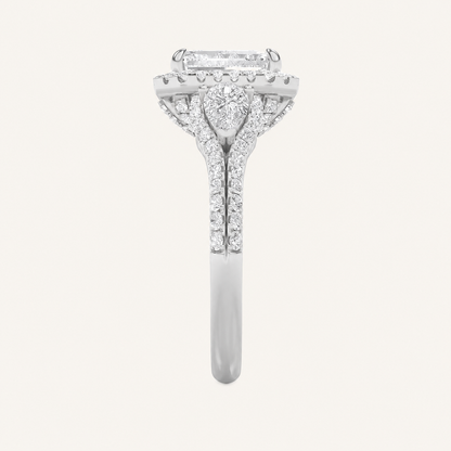 3CT Emerald Cut Lab Grown Diamond Three Stone Bold Halo Ring