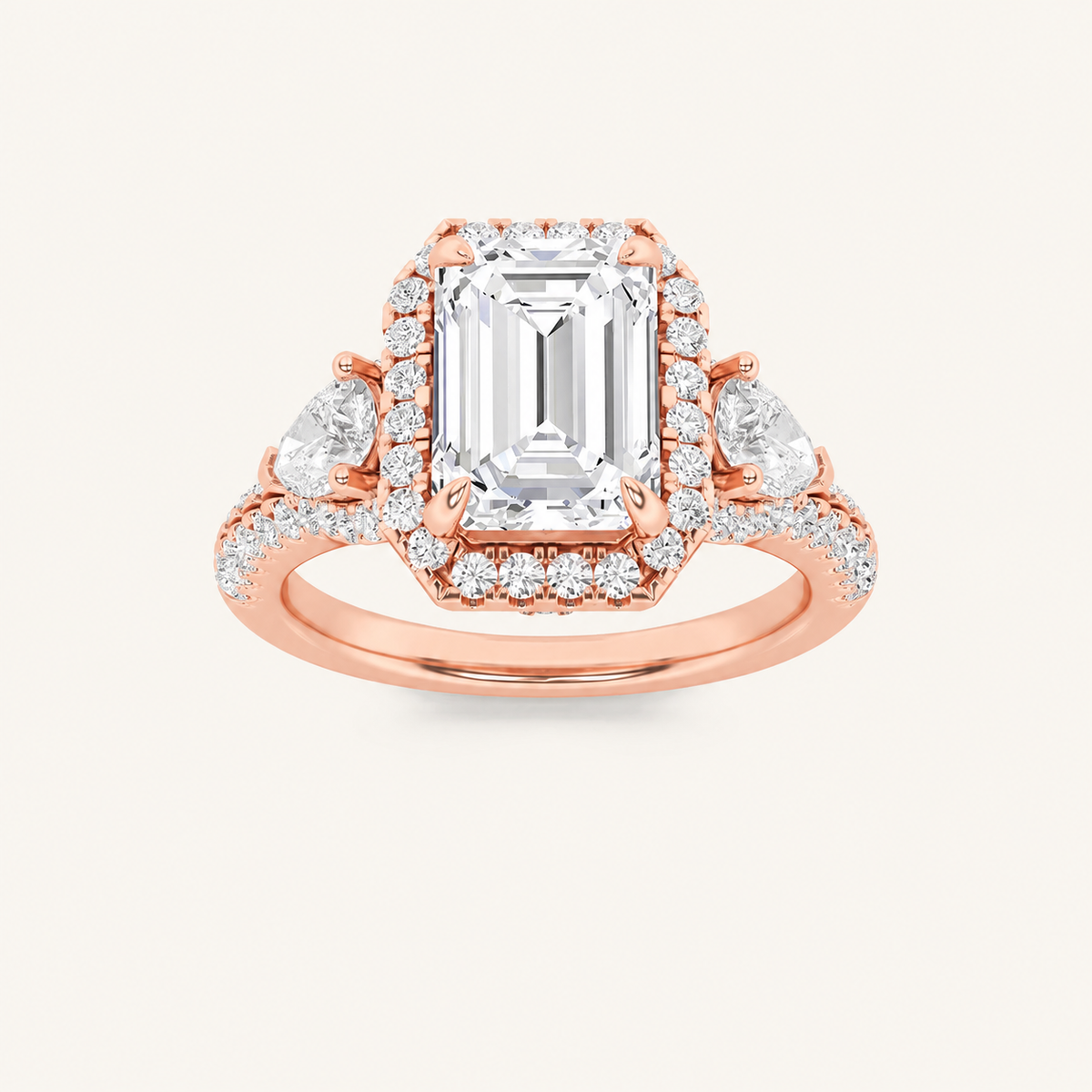 3CT Emerald Cut Lab Grown Diamond Three Stone Bold Halo Ring