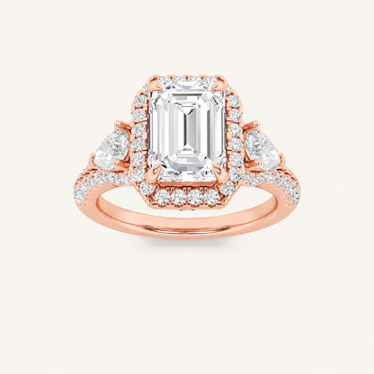 3CT Emerald Cut Lab Grown Diamond Three Stone Bold Halo Ring