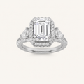 3CT Emerald Cut Lab Grown Diamond Three Stone Bold Halo Ring