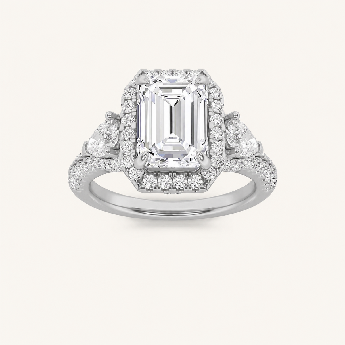 3CT Emerald Cut Lab Grown Diamond Three Stone Bold Halo Ring