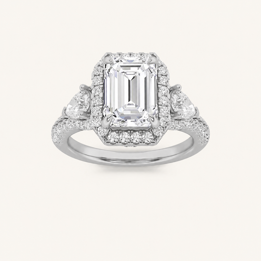 3CT Emerald Cut Lab Grown Diamond Three Stone Bold Halo Ring