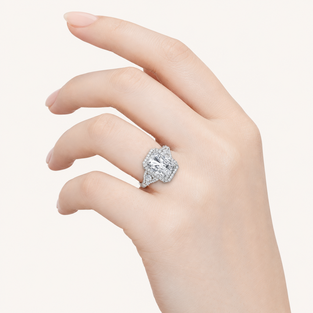 6.25CT Radiant Cut Lab Grown Diamond Bold Accented Statement Three Stone Halo Ring