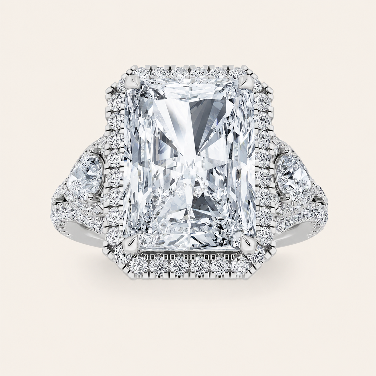 6.25CT Radiant Cut Lab Grown Diamond Bold Accented Statement Three Stone Halo Ring