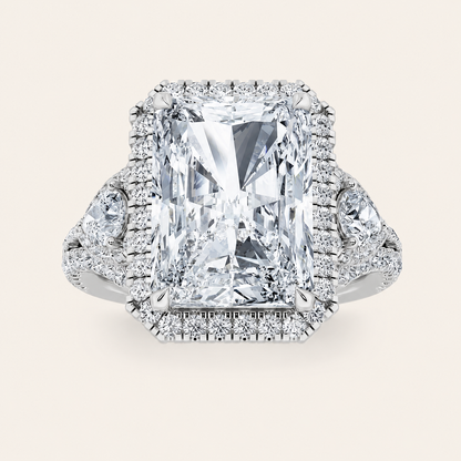 6.25CT Radiant Cut Lab Grown Diamond Bold Accented Statement Three Stone Halo Ring