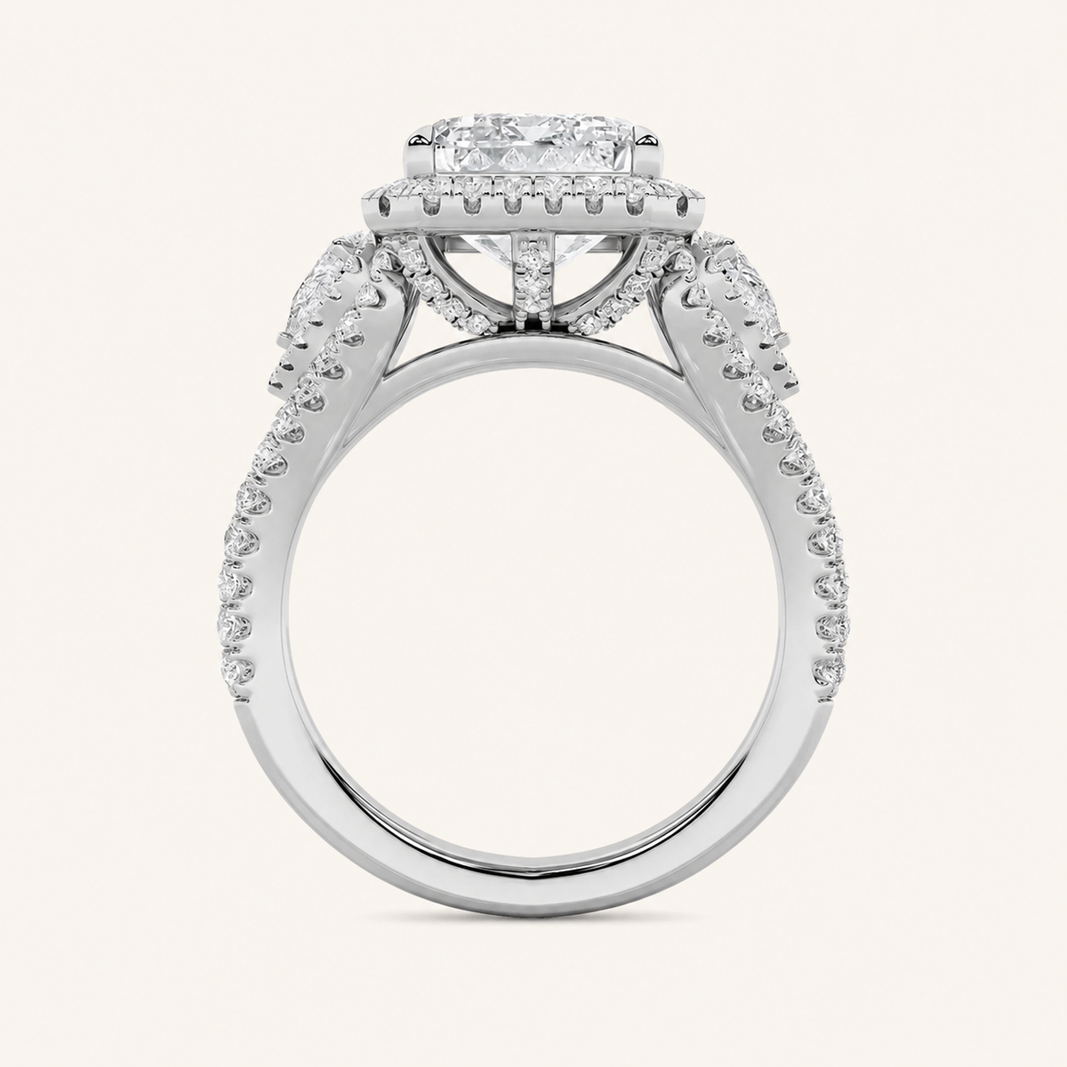 6.25CT Radiant Cut Lab Grown Diamond Bold Accented Statement Three Stone Halo Ring