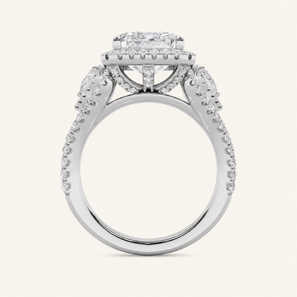 6.25CT Radiant Cut Lab Grown Diamond Bold Accented Statement Three Stone Halo Ring