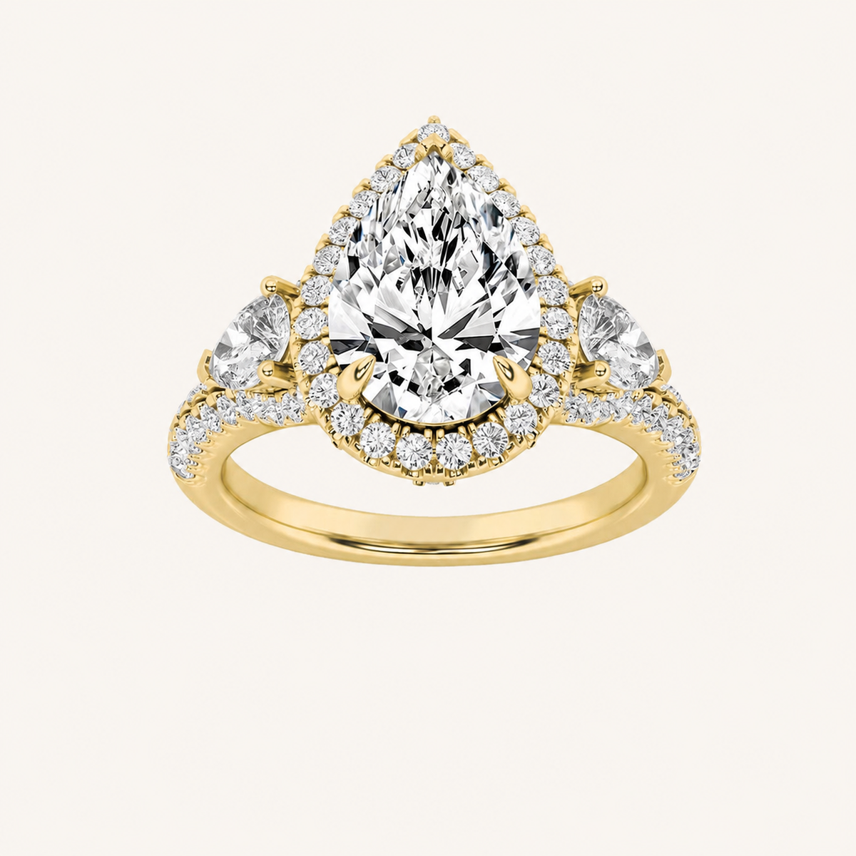 3CT Pear Cut Lab Grown Diamond Three Stone Bold halo Ring
