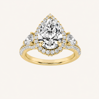 3CT Pear Cut Lab Grown Diamond Three Stone Bold halo Ring