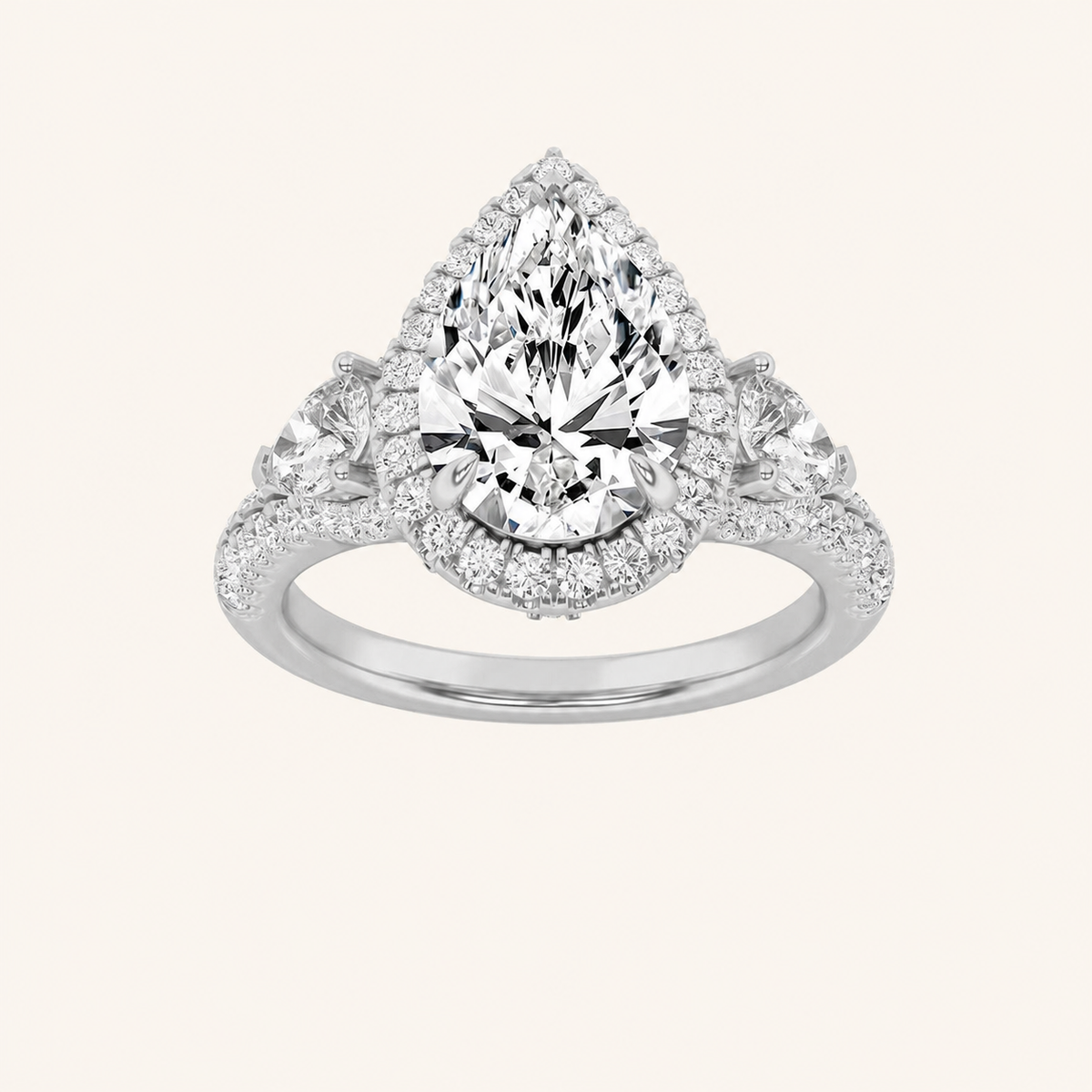 3CT Pear Cut Lab Grown Diamond Three Stone Bold halo Ring