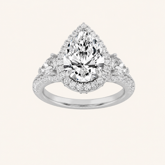 3CT Pear Cut Lab Grown Diamond Three Stone Bold halo Ring