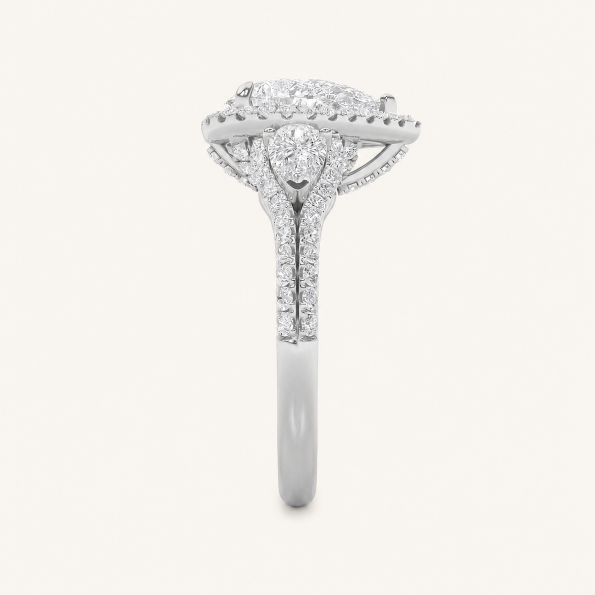 3CT Pear Cut Lab Grown Diamond Three Stone Bold halo Ring