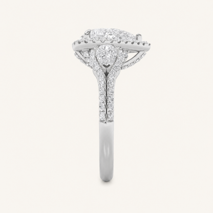 3CT Pear Cut Lab Grown Diamond Three Stone Bold halo Ring