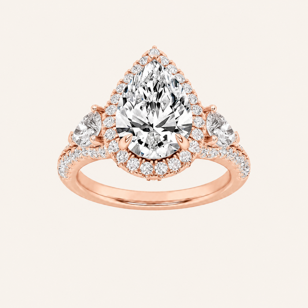 3CT Pear Cut Lab Grown Diamond Three Stone Bold halo Ring