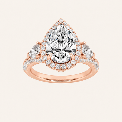 3CT Pear Cut Lab Grown Diamond Three Stone Bold halo Ring