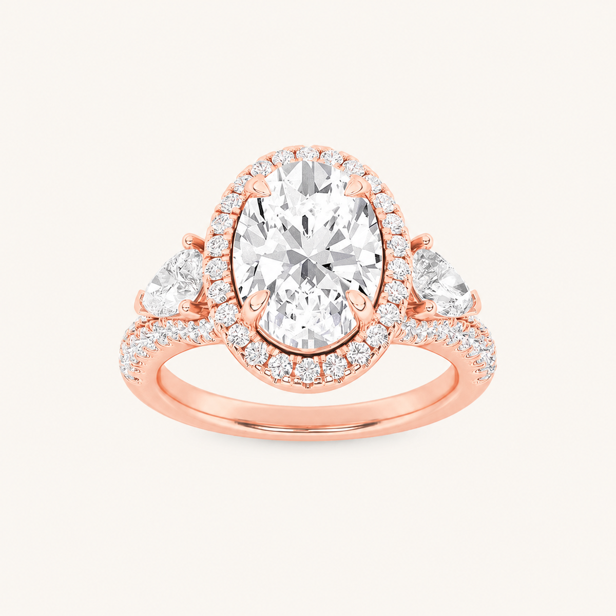 3CT Oval Cut Lab Grown Diamond Three Stone Bold Halo Ring