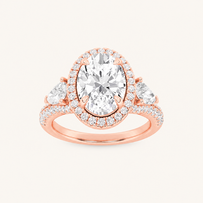 3CT Oval Cut Lab Grown Diamond Three Stone Bold Halo Ring