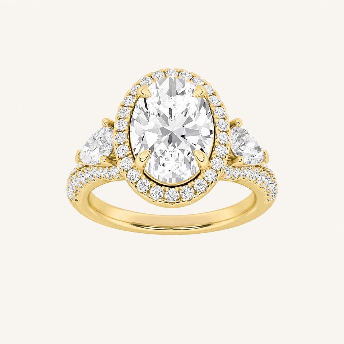 3CT Oval Cut Lab Grown Diamond Three Stone Bold Halo Ring
