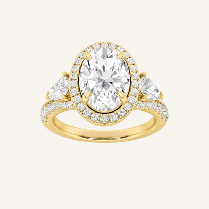 3CT Oval Cut Lab Grown Diamond Three Stone Bold Halo Ring