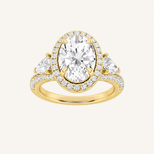 3CT Oval Cut Lab Grown Diamond Three Stone Bold Halo Ring