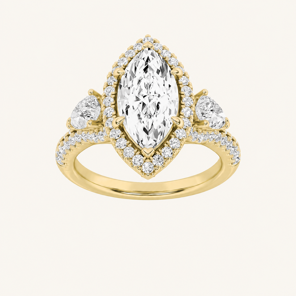 3CT Marquise Cut Lab Grown Diamond Three Stone Bold Halo Ring