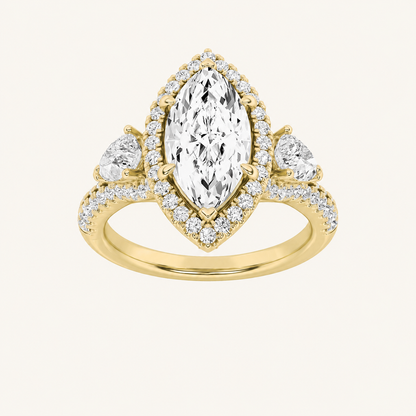 3CT Marquise Cut Lab Grown Diamond Three Stone Bold Halo Ring