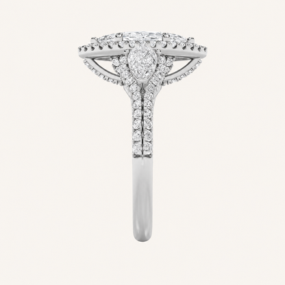 3CT Marquise Cut Lab Grown Diamond Three Stone Bold Halo Ring