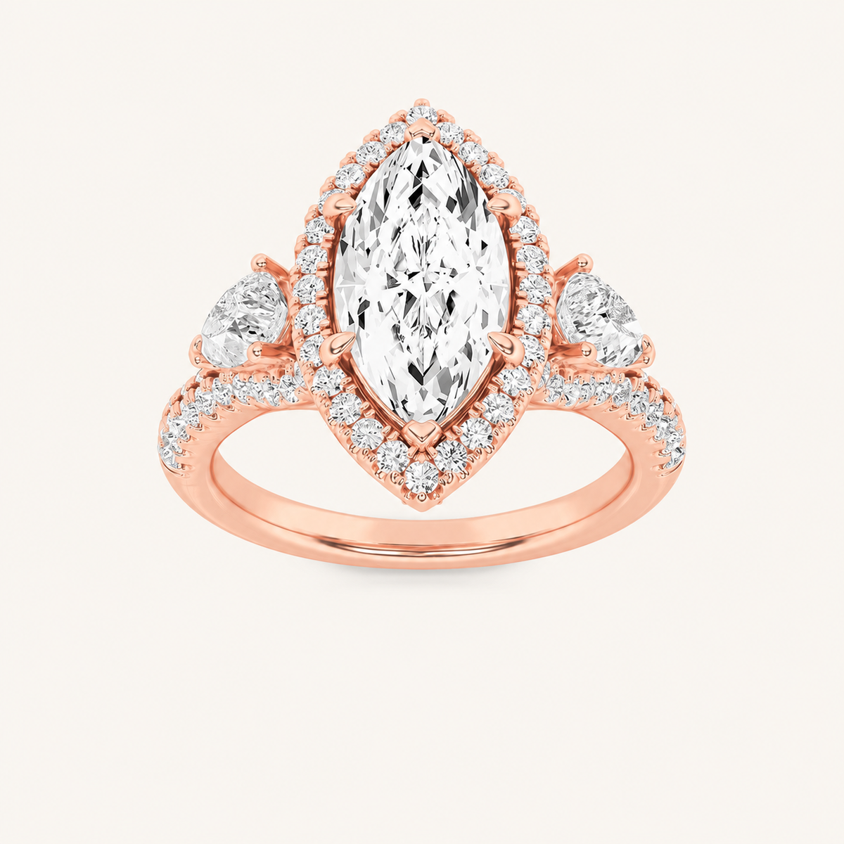 3CT Marquise Cut Lab Grown Diamond Three Stone Bold Halo Ring