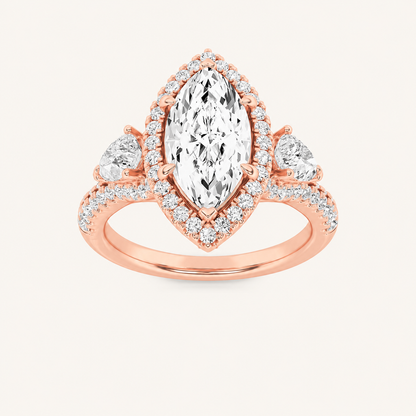 3CT Marquise Cut Lab Grown Diamond Three Stone Bold Halo Ring