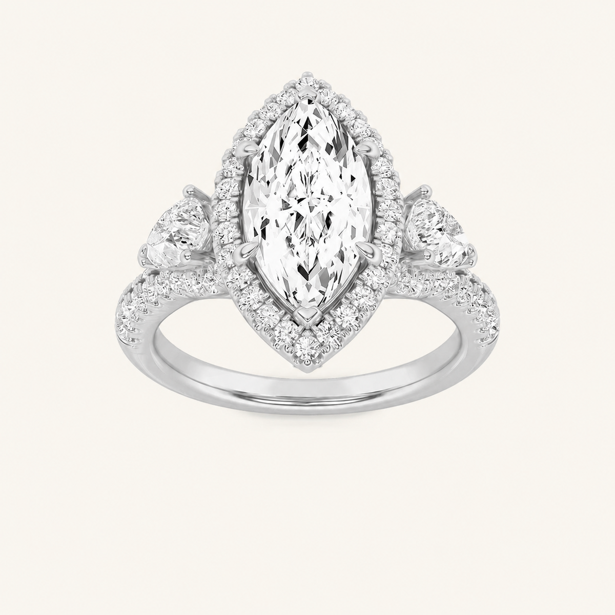 3CT Marquise Cut Lab Grown Diamond Three Stone Bold Halo Ring