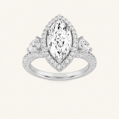 3CT Marquise Cut Lab Grown Diamond Three Stone Bold Halo Ring