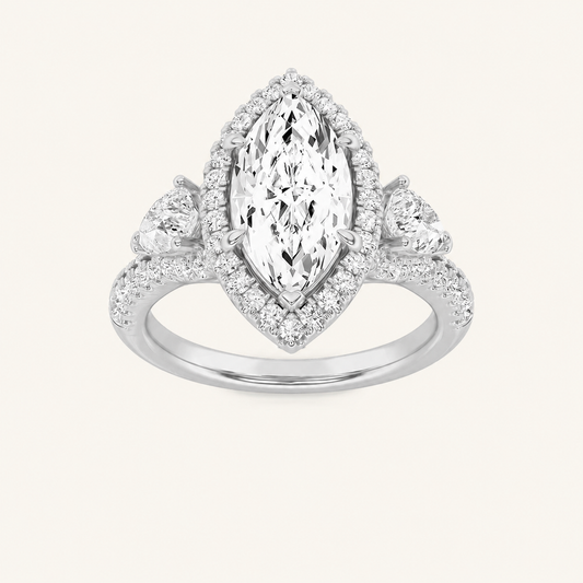 3CT Marquise Cut Lab Grown Diamond Three Stone Bold Halo Ring