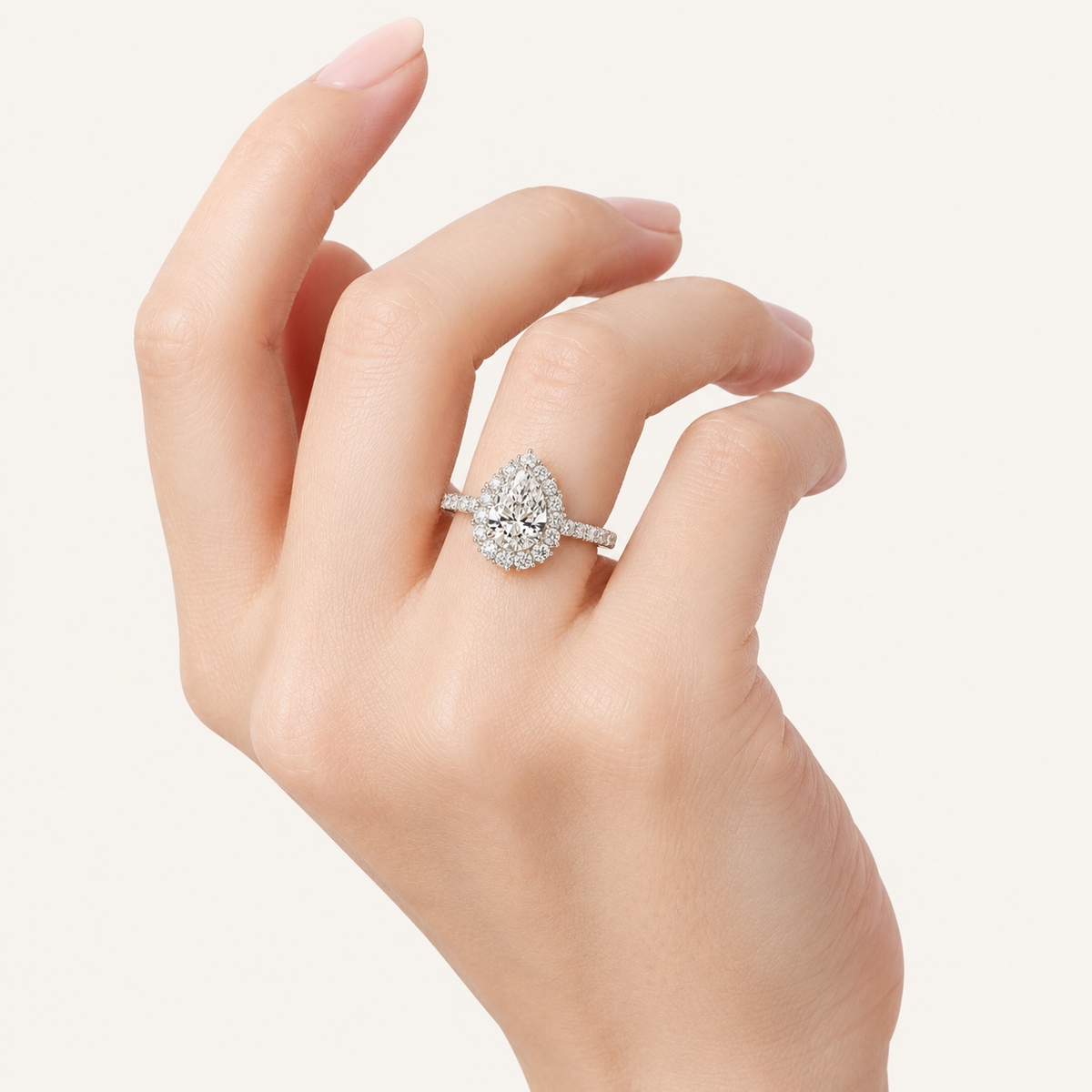 4CT Pear Cut Lab Grown Diamond Bold Classic Halo Side Stone Ring