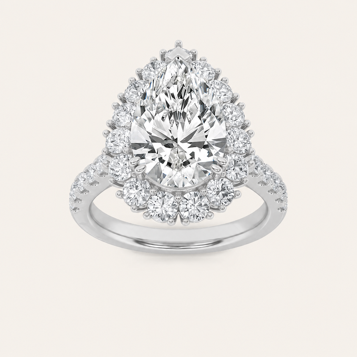 4CT Pear Cut Lab Grown Diamond Bold Classic Halo Side Stone Ring