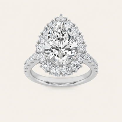 4CT Pear Cut Lab Grown Diamond Bold Classic Halo Side Stone Ring