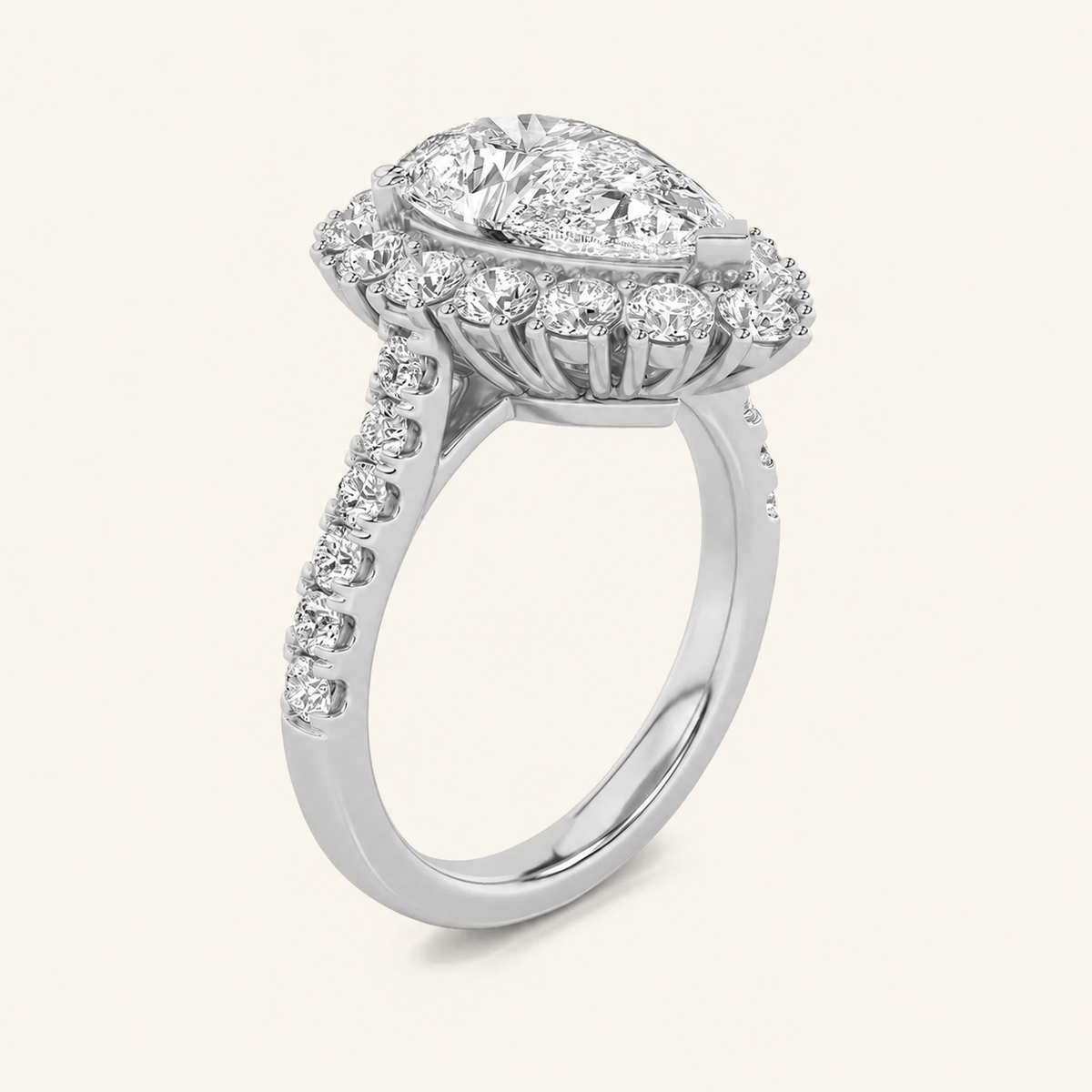 4CT Pear Cut Lab Grown Diamond Bold Classic Halo Side Stone Ring