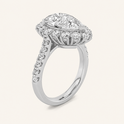 4CT Pear Cut Lab Grown Diamond Bold Classic Halo Side Stone Ring