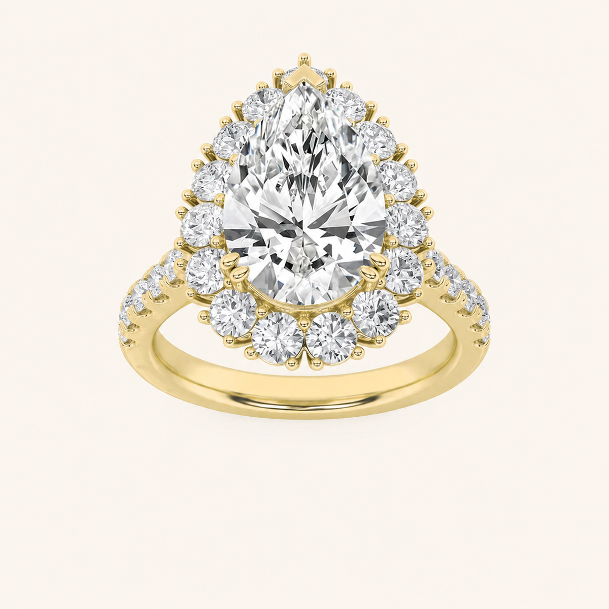 4CT Pear Cut Lab Grown Diamond Bold Classic Halo Side Stone Ring