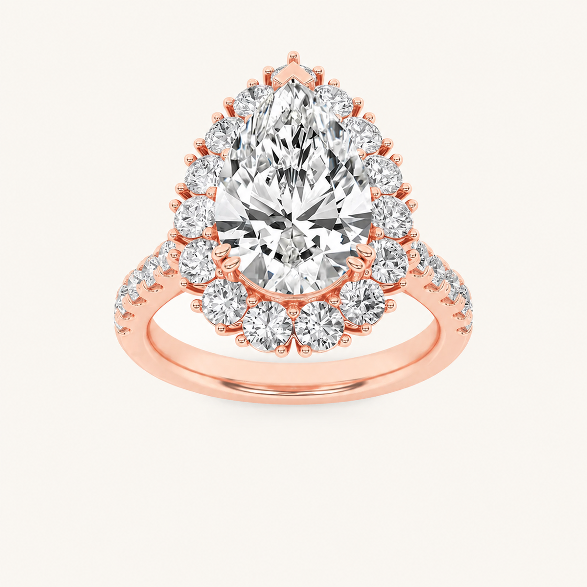 4CT Pear Cut Lab Grown Diamond Bold Classic Halo Side Stone Ring