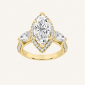 3CT Marquise Cut Lab Grown Diamond Three Stone Halo Ring