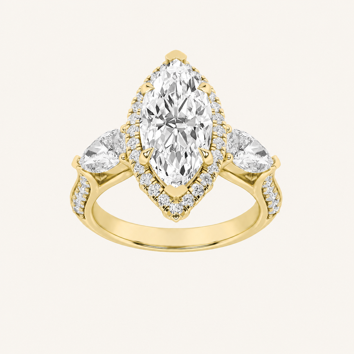 3CT Marquise Cut Lab Grown Diamond Three Stone Halo Ring