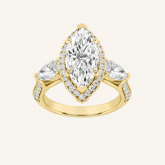 3CT Marquise Cut Lab Grown Diamond Three Stone Halo Ring