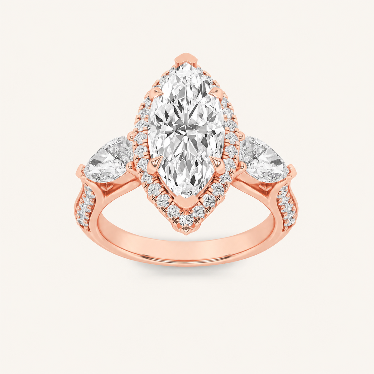 3CT Marquise Cut Lab Grown Diamond Three Stone Halo Ring