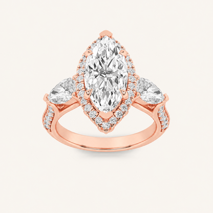 3CT Marquise Cut Lab Grown Diamond Three Stone Halo Ring