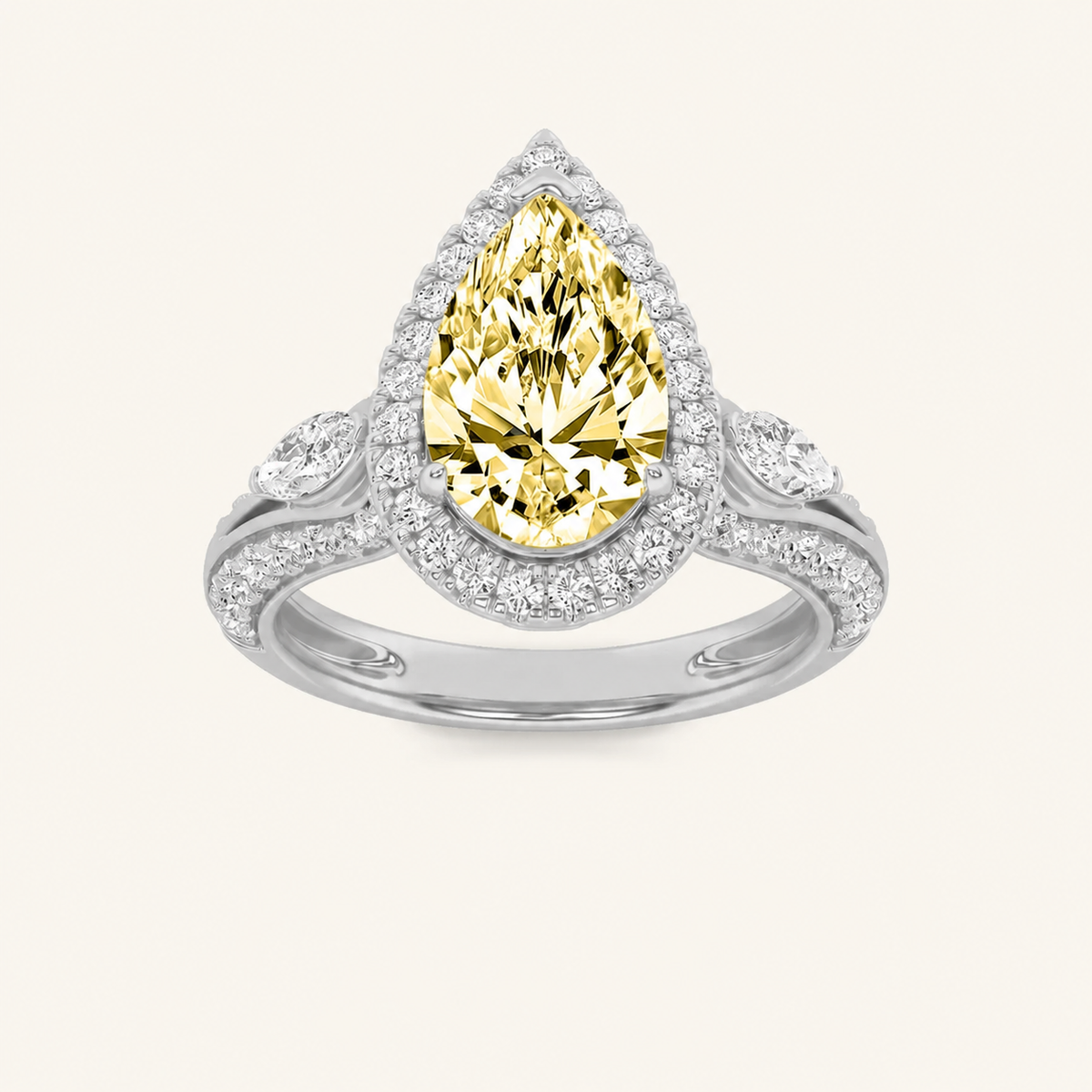 3CT Pear Cut Lab Grown Diamond Three Stone Halo Ring