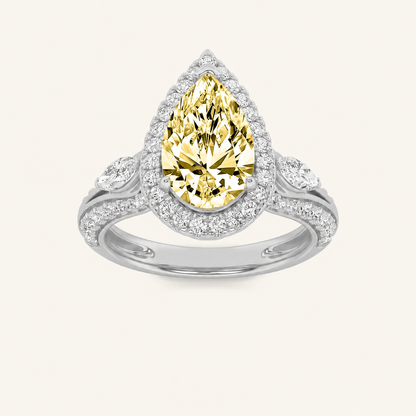 3CT Pear Cut Lab Grown Diamond Three Stone Halo Ring