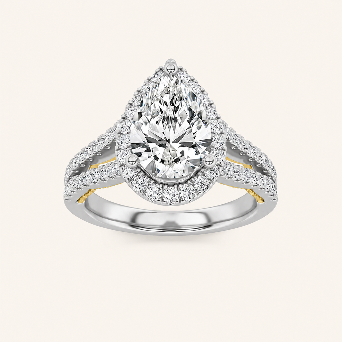2 CT Pear Cut Lab Grown Diamond Split Shank Halo Side Stone Ring