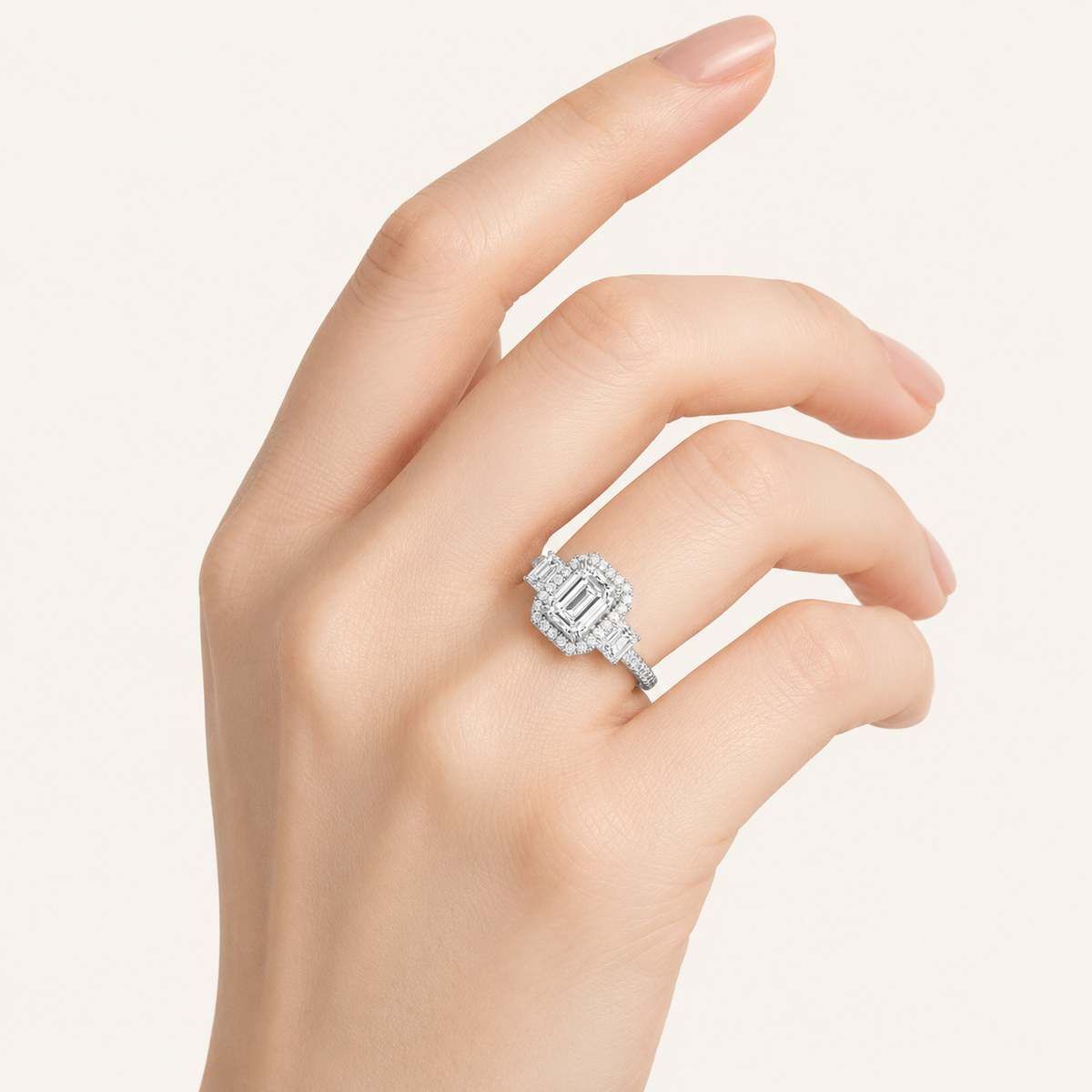 3CT Emerald Cut Lab Grown Diamond Three Stone Halo Ring