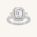 3CT Emerald Cut Lab Grown Diamond Three Stone Halo Ring